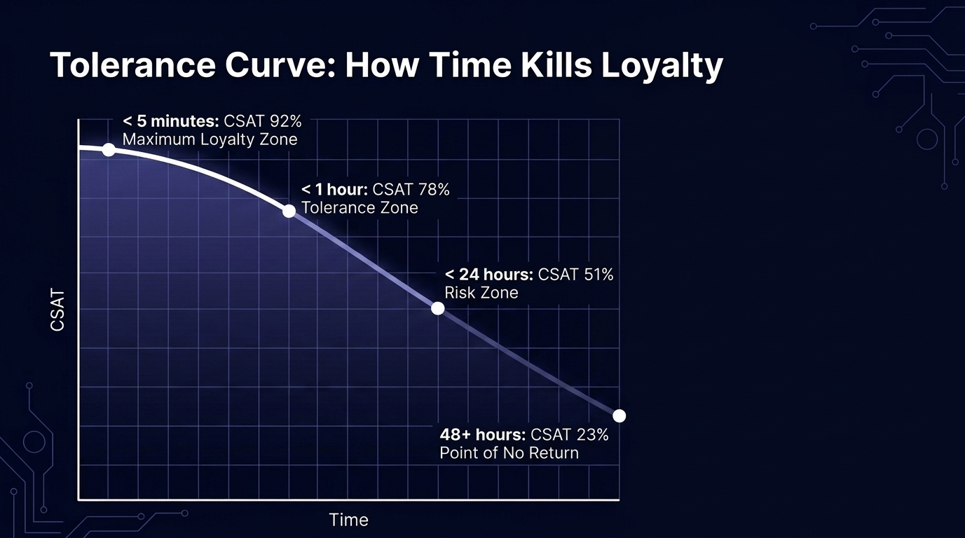“Tolerance Curve: How Time Kills Loyalty” shows a decline in CSAT from 92% within 5 minutes to 23% after 48+ hours in customer service